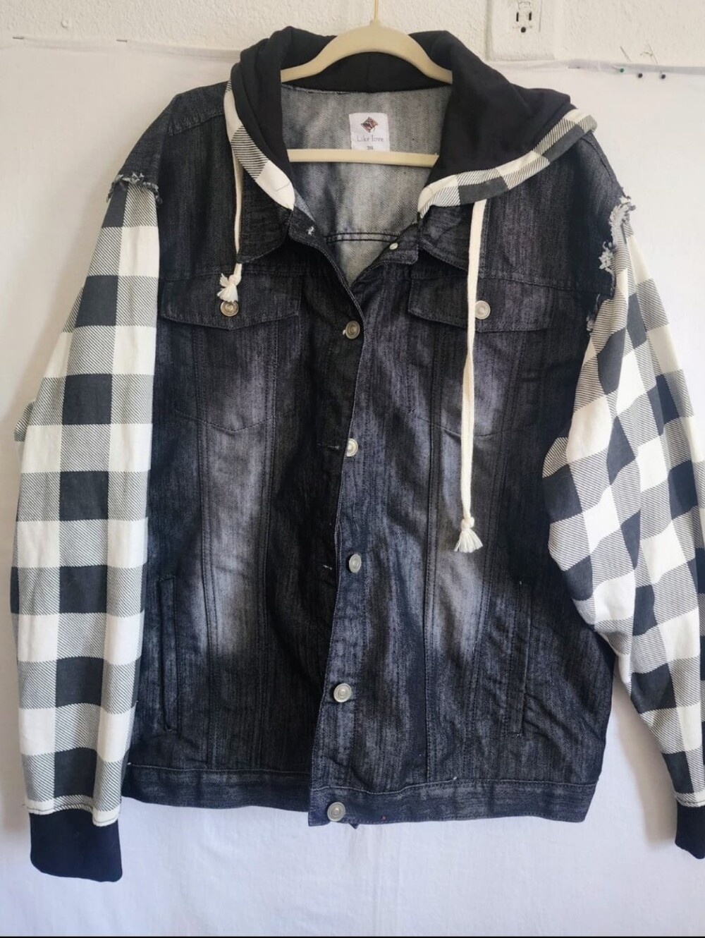 LIKE LOVE..  Unisex Plaid-Sleeve Hooded Denim Jacket - Black & White, Flannel.
